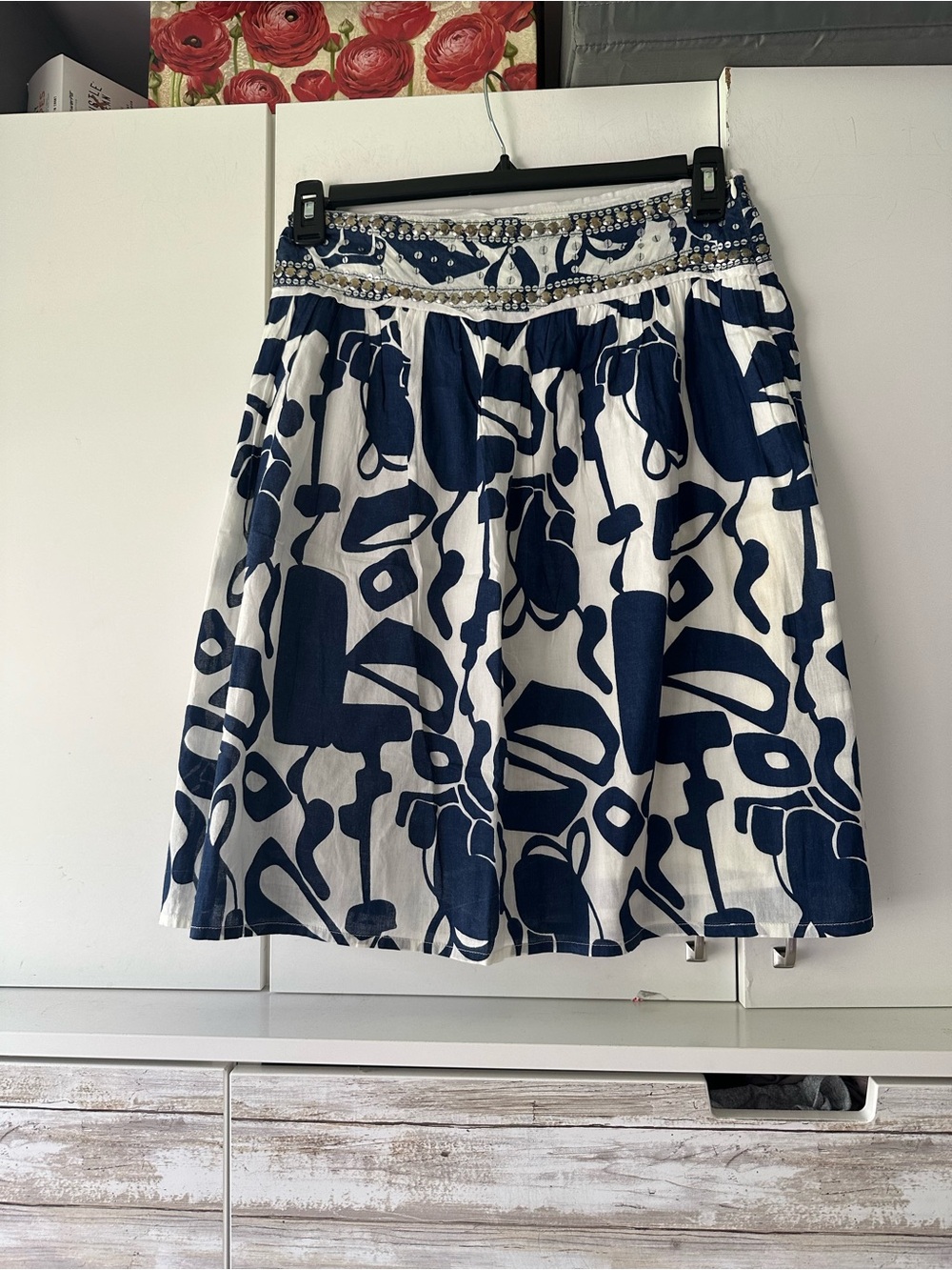 💙 Atmosphere Blue White Abstract A-Line Skirt Sequin Beaded UK 10 US 6